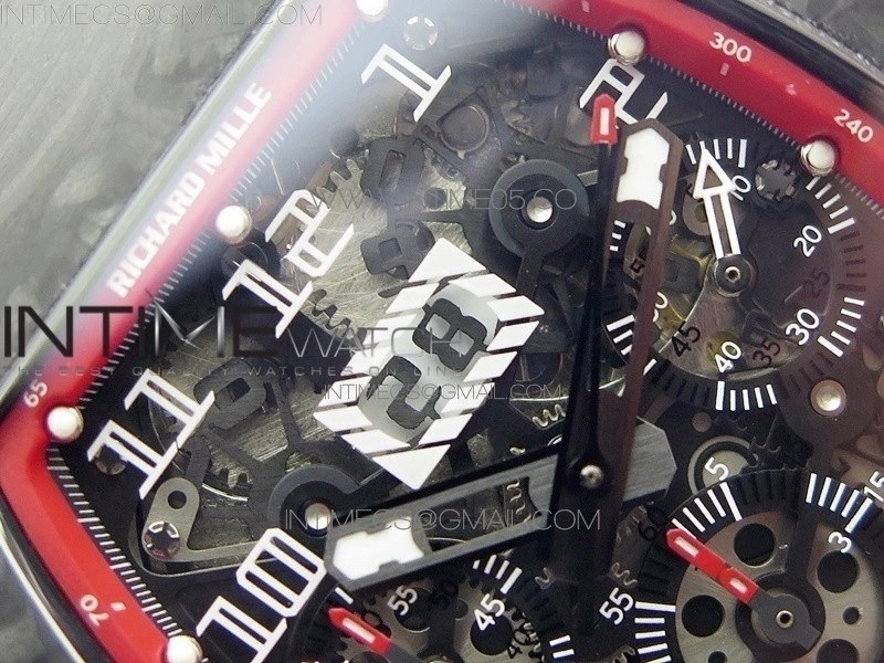 RM011 Carbon Case Carbon Bezel Chronograph KVF 1:1 Best Edition Skeleton Dial on Black Rubber Strap A7750