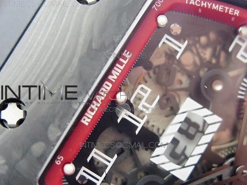 RM011 Carbon Case Carbon Bezel Chronograph KVF 1:1 Best Edition Skeleton Dial on Black Rubber Strap A7750