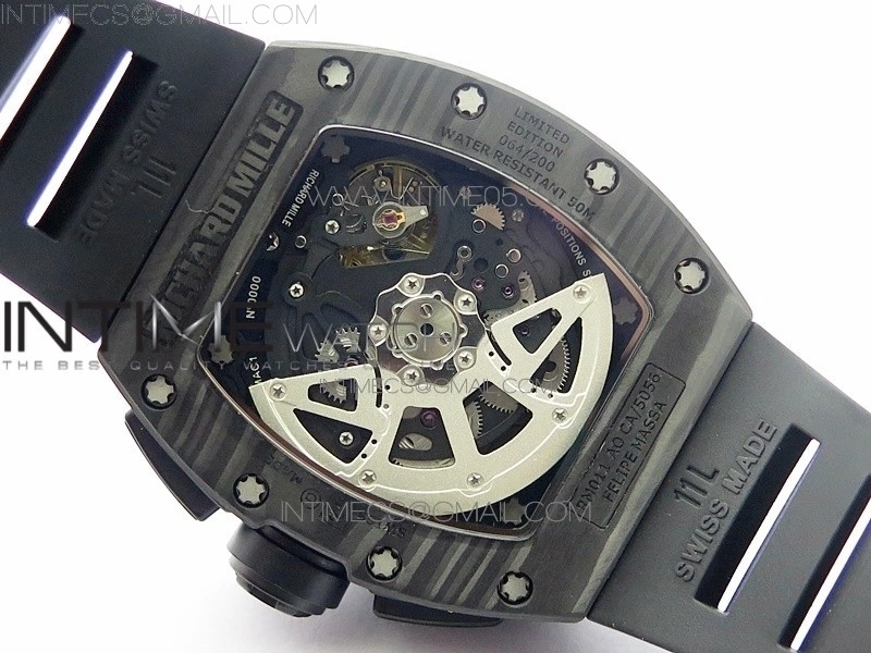 RM011 Carbon Case Carbon Bezel Chronograph KVF 1:1 Best Edition Skeleton Dial on Black Rubber Strap A7750