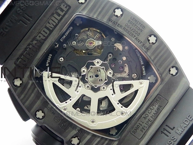 RM011 Carbon Case Carbon Bezel Chronograph KVF 1:1 Best Edition Skeleton Dial on Black Rubber Strap A7750