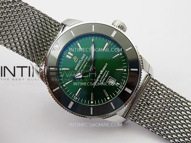 SuperOcean 46mm Black Ceramic Bezel SS B50 1:1 Best Edition Green Dial On SS Mesh Bracelet A2824