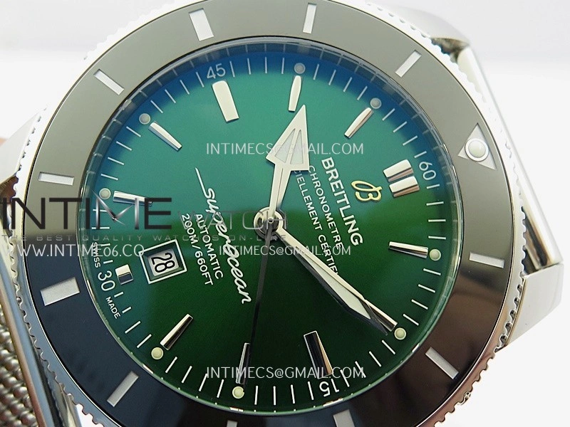 SuperOcean 46mm Black Ceramic Bezel SS B50 1:1 Best Edition Green Dial On SS Mesh Bracelet A2824