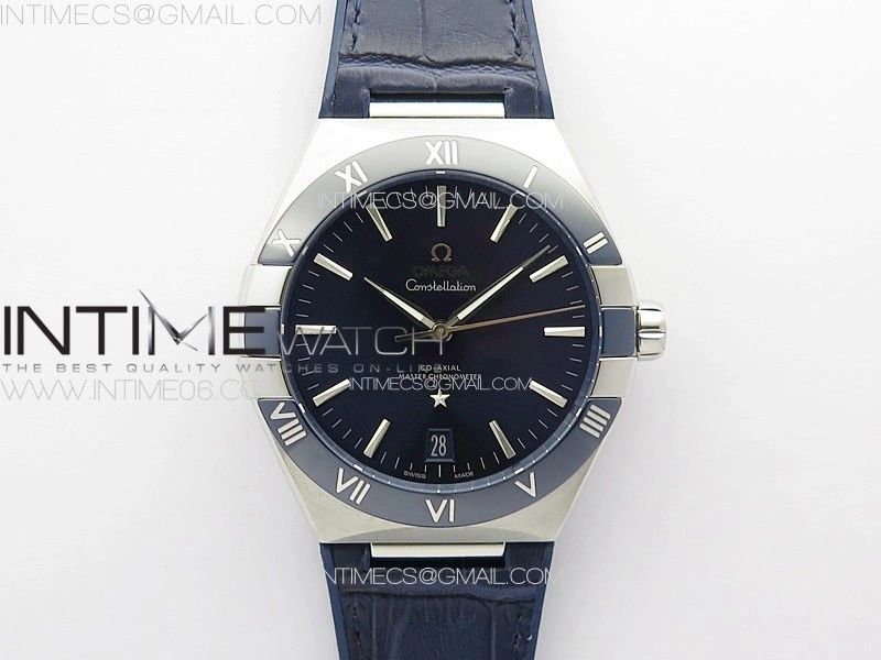 Constellation 41mm Blue Ceramic Bezel SS VSF 1:1 Best Edition Blue Dial on Blue Leather Strap A8900