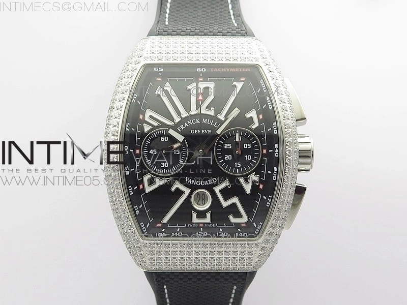 Vanguard V45 Chrono Brushed SS Pave Crystals ABF Best Edition Black Dial on Black Gummy Strap A7750