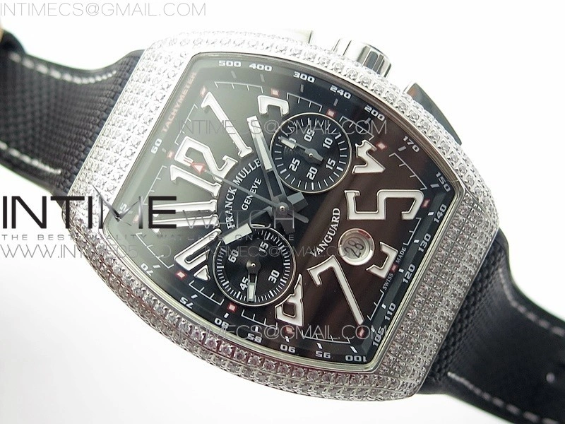 Vanguard V45 Chrono Brushed SS Pave Crystals ABF Best Edition Black Dial on Black Gummy Strap A7750