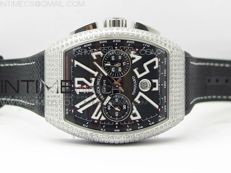 Vanguard V45 Chrono Brushed SS Pave Crystals ABF Best Edition Black Dial on Black Gummy Strap A7750