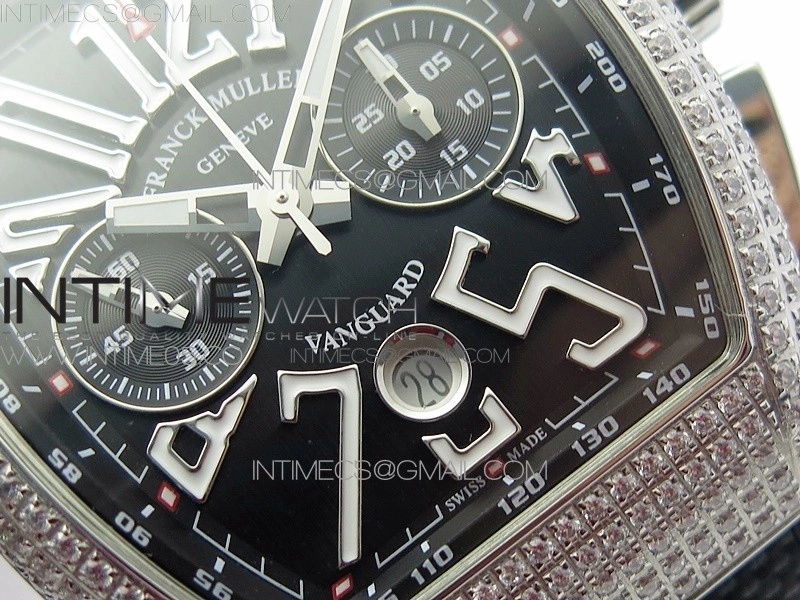 Vanguard V45 Chrono Brushed SS Pave Crystals ABF Best Edition Black Dial on Black Gummy Strap A7750