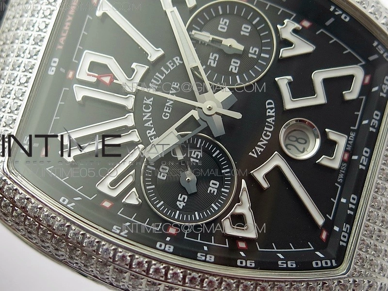 Vanguard V45 Chrono Brushed SS Pave Crystals ABF Best Edition Black Dial on Black Gummy Strap A7750
