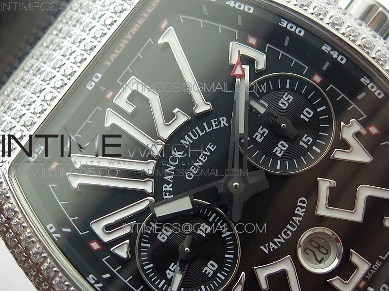 Vanguard V45 Chrono Brushed SS Pave Crystals ABF Best Edition Black Dial on Black Gummy Strap A7750