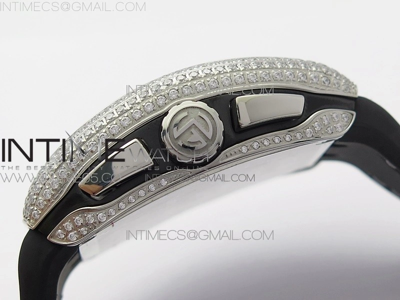 Vanguard V45 Chrono Brushed SS Pave Crystals ABF Best Edition Black Dial on Black Gummy Strap A7750