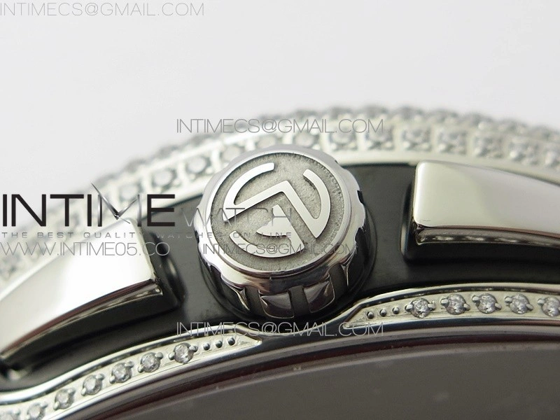 Vanguard V45 Chrono Brushed SS Pave Crystals ABF Best Edition Black Dial on Black Gummy Strap A7750