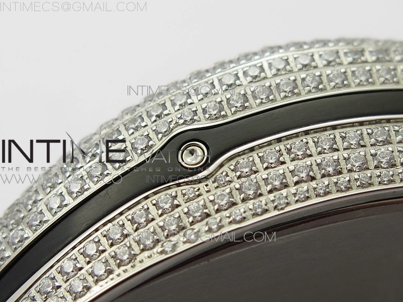 Vanguard V45 Chrono Brushed SS Pave Crystals ABF Best Edition Black Dial on Black Gummy Strap A7750