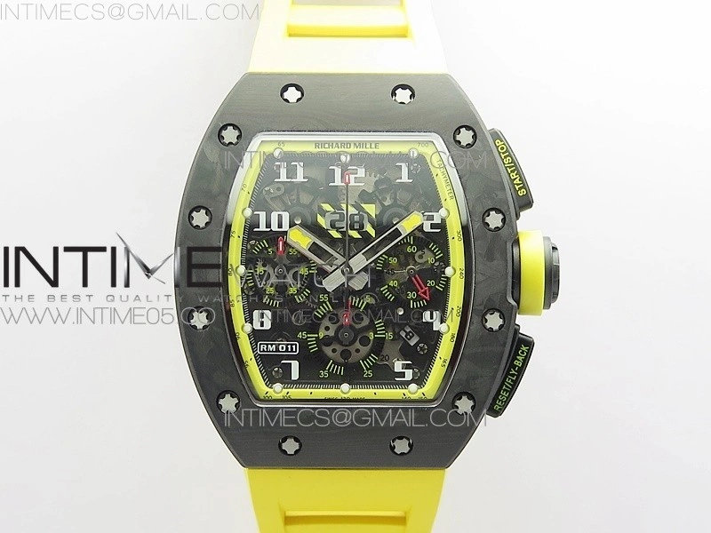 RM12-1 Real Tourbillon Forge Carbon KVF Best Edition Skeleton Dial Yellow inner bezel on Yellow Rubber Strap