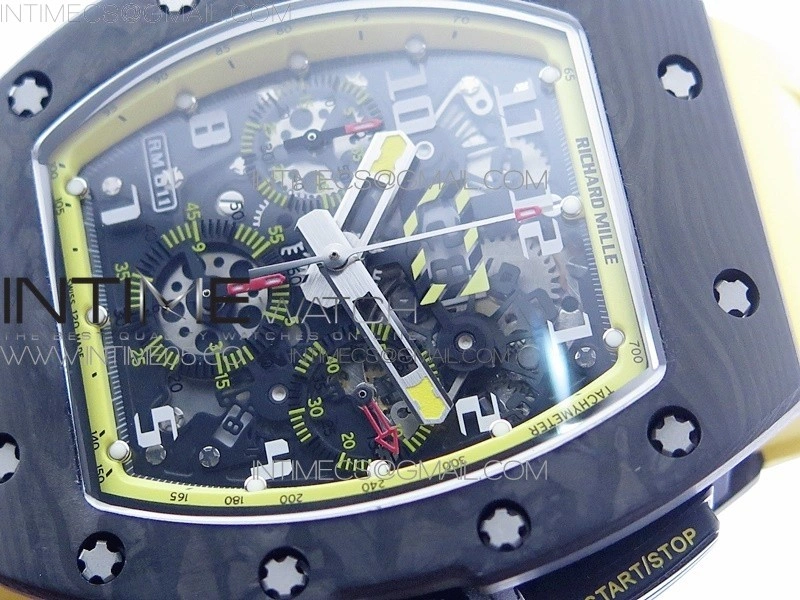 RM12-1 Real Tourbillon Forge Carbon KVF Best Edition Skeleton Dial Yellow inner bezel on Yellow Rubber Strap