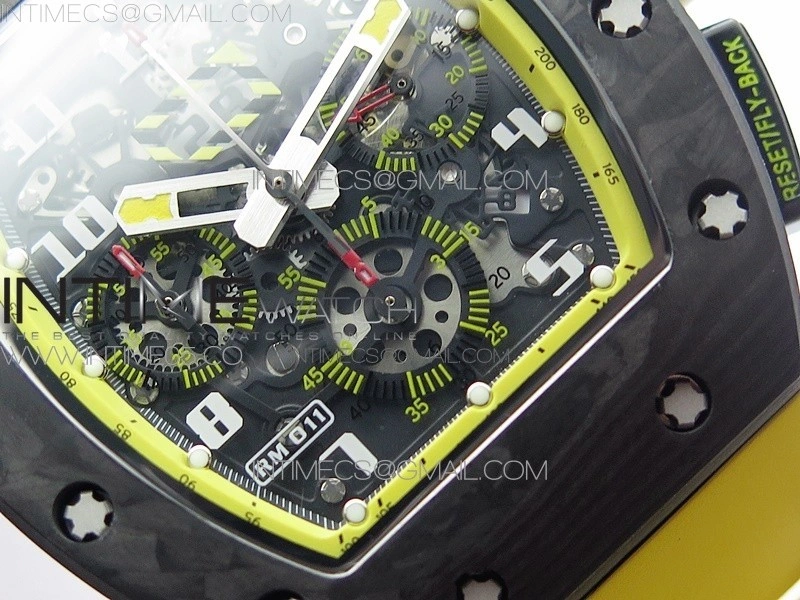 RM12-1 Real Tourbillon Forge Carbon KVF Best Edition Skeleton Dial Yellow inner bezel on Yellow Rubber Strap