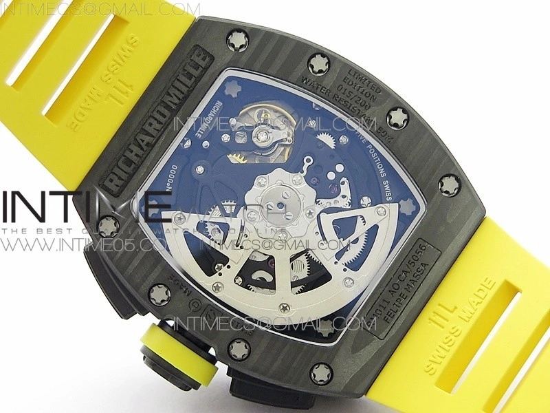 RM12-1 Real Tourbillon Forge Carbon KVF Best Edition Skeleton Dial Yellow inner bezel on Yellow Rubber Strap