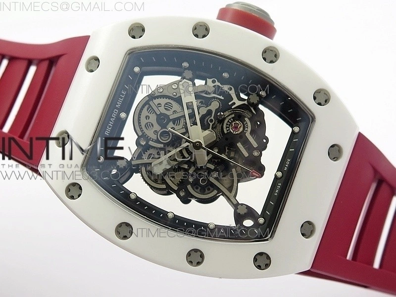 RM055 Real White Ceramic Case V2 KVF Best Edition Skeleton Dial Red Crown on Red Rubber Strap MIYOTA8215