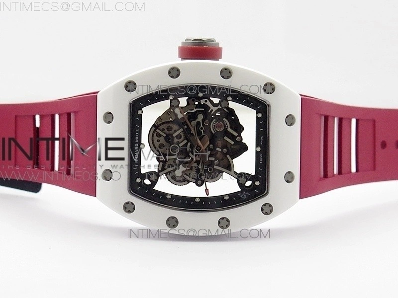 RM055 Real White Ceramic Case V2 KVF Best Edition Skeleton Dial Red Crown on Red Rubber Strap MIYOTA8215