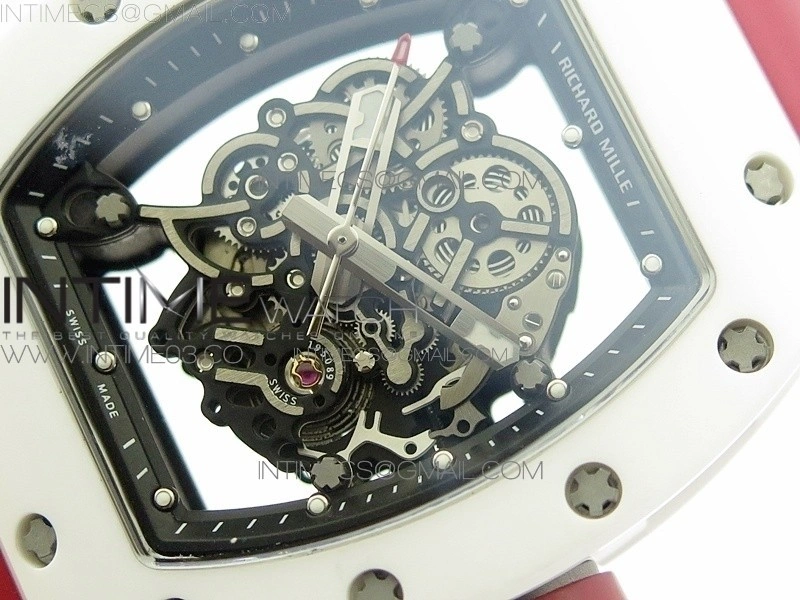 RM055 Real White Ceramic Case V2 KVF Best Edition Skeleton Dial Red Crown on Red Rubber Strap MIYOTA8215