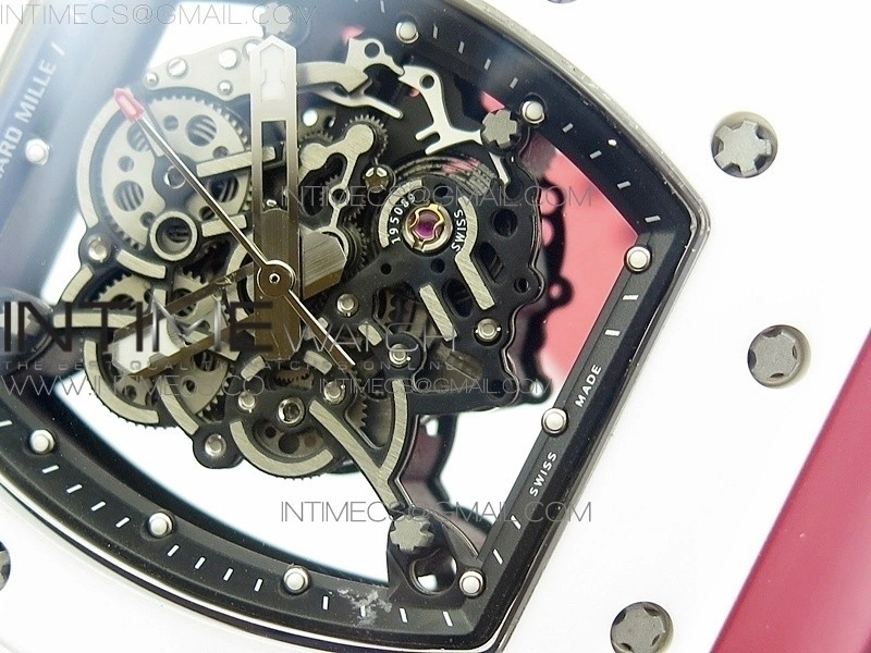 RM055 Real White Ceramic Case V2 KVF Best Edition Skeleton Dial Red Crown on Red Rubber Strap MIYOTA8215