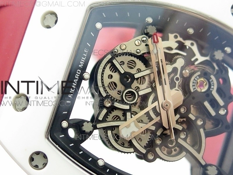 RM055 Real White Ceramic Case V2 KVF Best Edition Skeleton Dial Red Crown on Red Rubber Strap MIYOTA8215