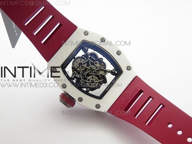 RM055 Real White Ceramic Case V2 KVF Best Edition Skeleton Dial Red Crown on Red Rubber Strap MIYOTA8215