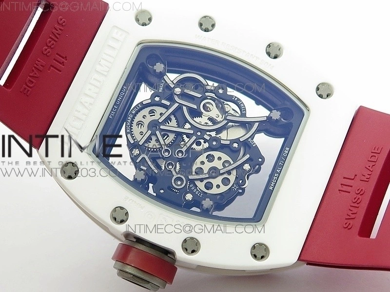 RM055 Real White Ceramic Case V2 KVF Best Edition Skeleton Dial Red Crown on Red Rubber Strap MIYOTA8215
