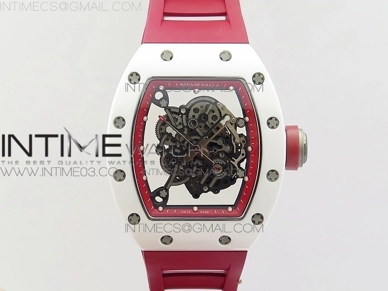RM055Real White Ceramic Case V2 KVF Best Edition Skeleton Dial Red Crown on Red Rubber Strap MIYOTA8215