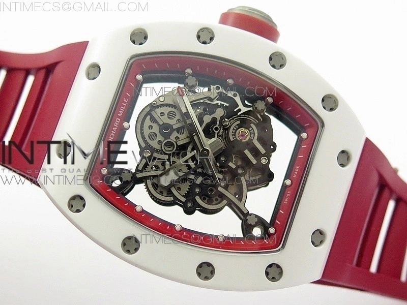RM055Real White Ceramic Case V2 KVF Best Edition Skeleton Dial Red Crown on Red Rubber Strap MIYOTA8215