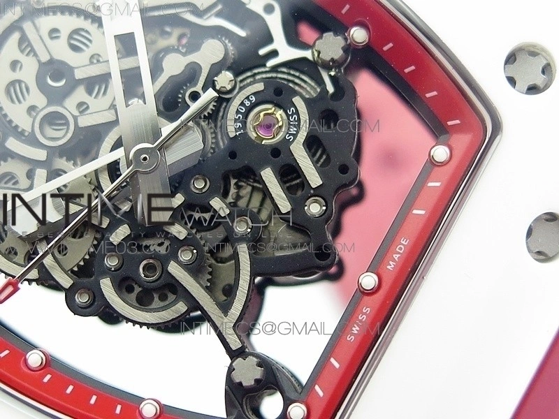 RM055Real White Ceramic Case V2 KVF Best Edition Skeleton Dial Red Crown on Red Rubber Strap MIYOTA8215