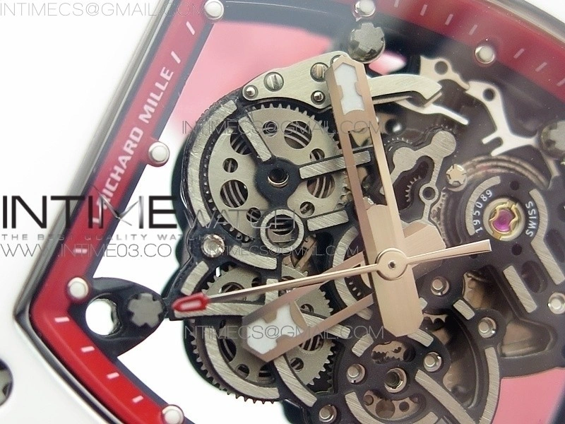 RM055Real White Ceramic Case V2 KVF Best Edition Skeleton Dial Red Crown on Red Rubber Strap MIYOTA8215