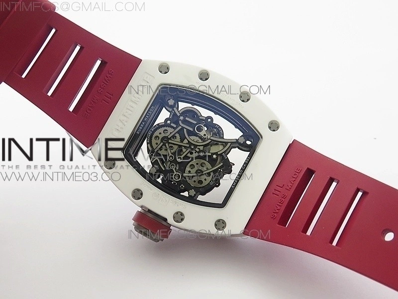 RM055Real White Ceramic Case V2 KVF Best Edition Skeleton Dial Red Crown on Red Rubber Strap MIYOTA8215
