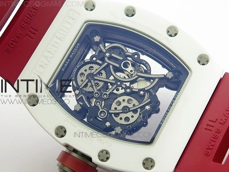 RM055Real White Ceramic Case V2 KVF Best Edition Skeleton Dial Red Crown on Red Rubber Strap MIYOTA8215