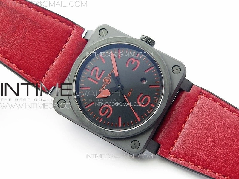 BR 03-92 Real Ceramic 1:1 Best Edition Black Dial Red Markers on Red Leather Strap MIYOTA 9015
