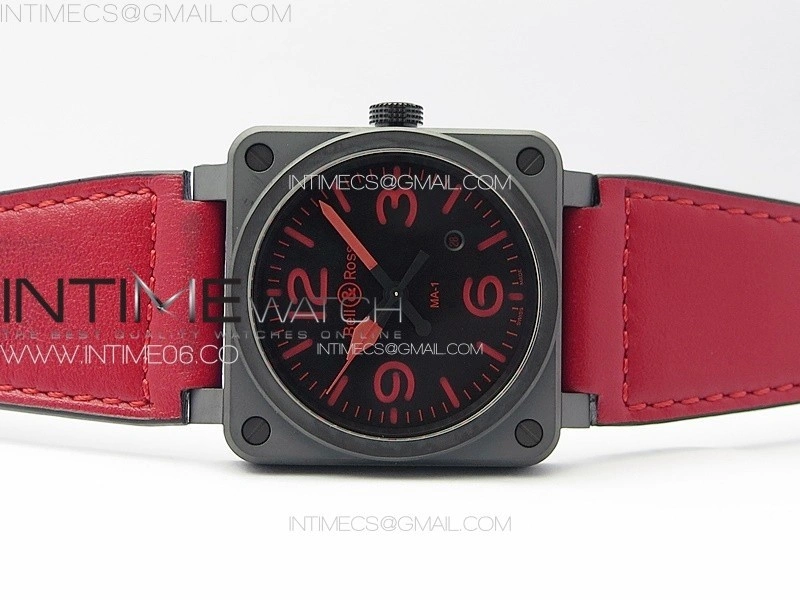 BR 03-92 Real Ceramic 1:1 Best Edition Black Dial Red Markers on Red Leather Strap MIYOTA 9015
