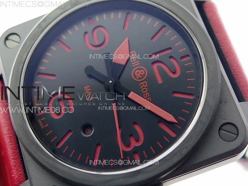 BR 03-92 Real Ceramic 1:1 Best Edition Black Dial Red Markers on Red Leather Strap MIYOTA 9015