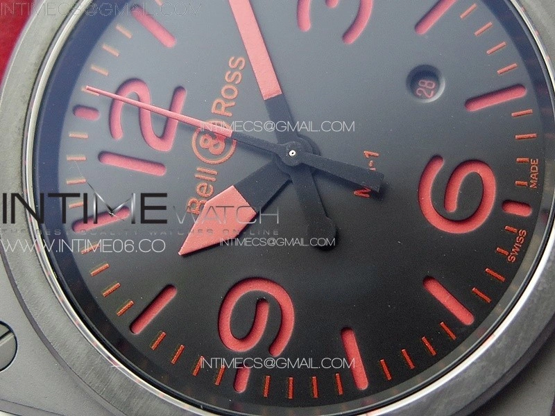 BR 03-92 Real Ceramic 1:1 Best Edition Black Dial Red Markers on Red Leather Strap MIYOTA 9015