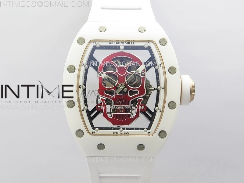 RM052 Skull White Ceramic RG Real Tourbillon YSF Best Edition Red Skull Dial on White Rubber Strap