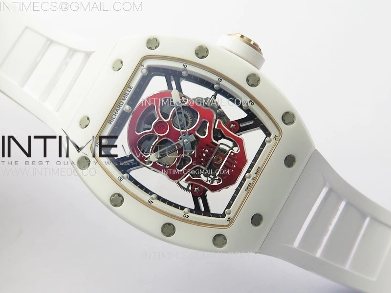 RM052 Skull White Ceramic RG Real Tourbillon YSF Best Edition Red Skull Dial on White Rubber Strap