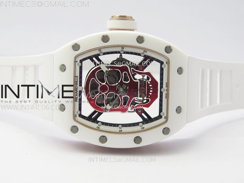 RM052 Skull White Ceramic RG Real Tourbillon YSF Best Edition Red Skull Dial on White Rubber Strap