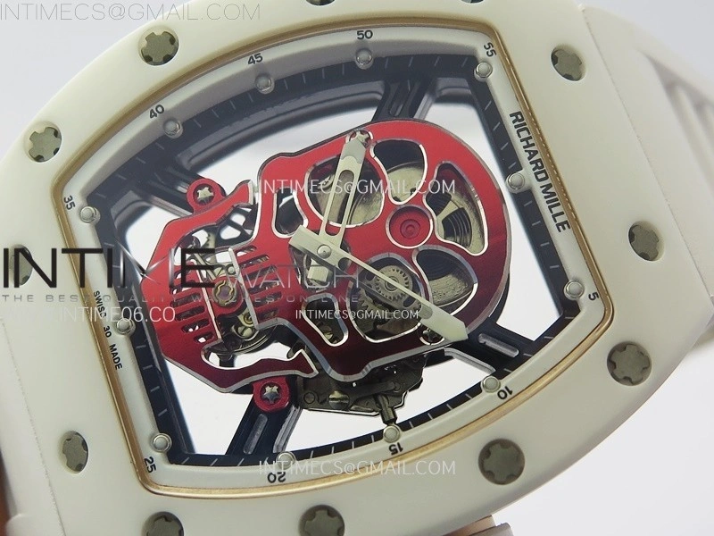 RM052 Skull White Ceramic RG Real Tourbillon YSF Best Edition Red Skull Dial on White Rubber Strap