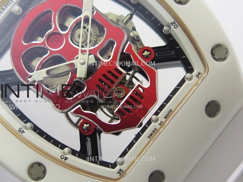 RM052 Skull White Ceramic RG Real Tourbillon YSF Best Edition Red Skull Dial on White Rubber Strap