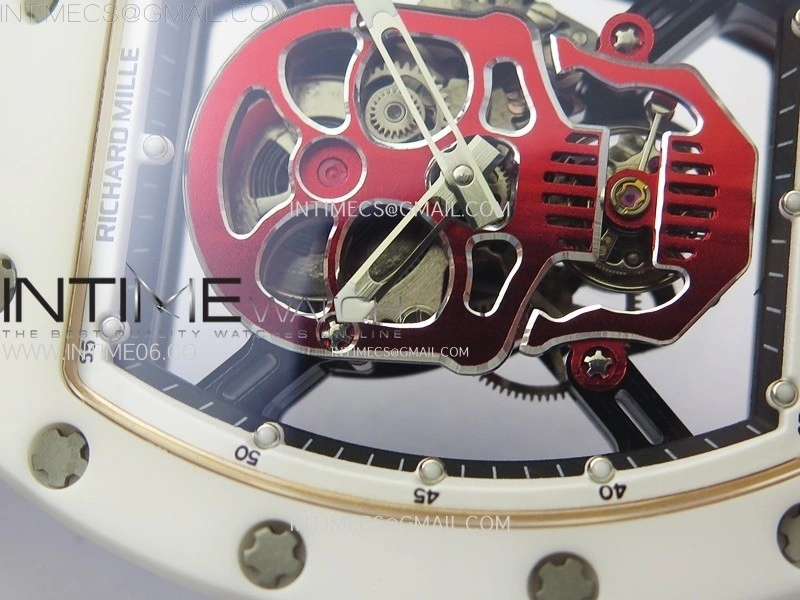 RM052 Skull White Ceramic RG Real Tourbillon YSF Best Edition Red Skull Dial on White Rubber Strap