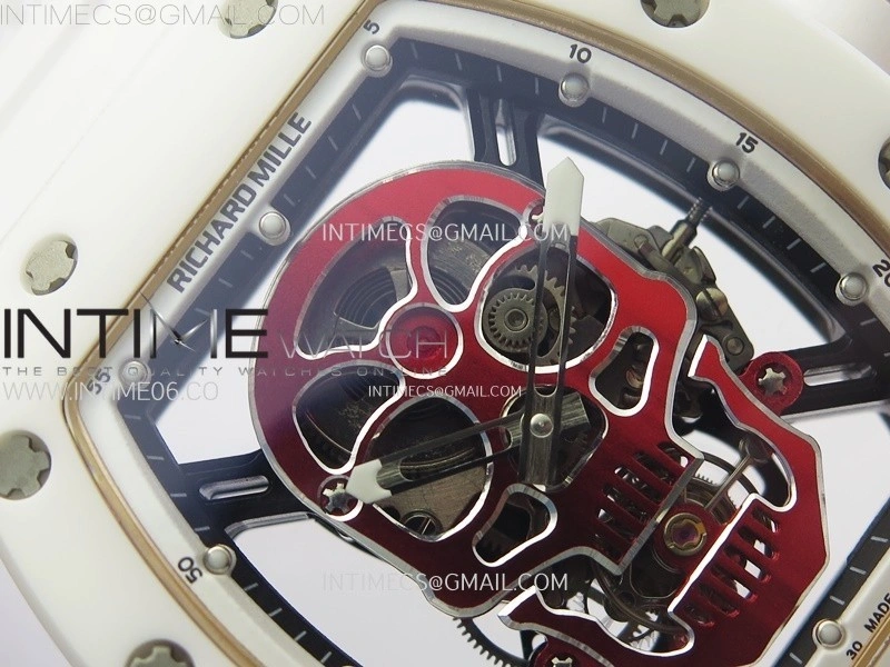 RM052 Skull White Ceramic RG Real Tourbillon YSF Best Edition Red Skull Dial on White Rubber Strap