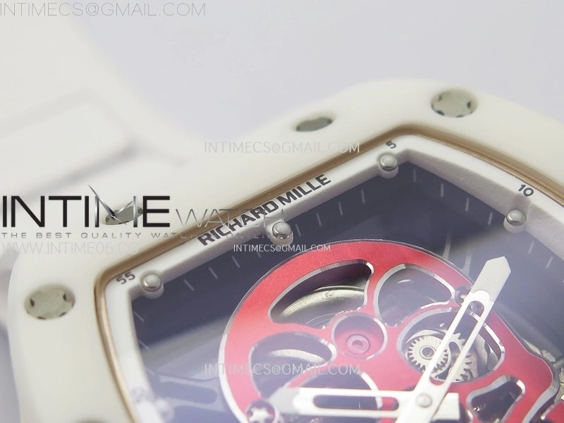 RM052 Skull White Ceramic RG Real Tourbillon YSF Best Edition Red Skull Dial on White Rubber Strap