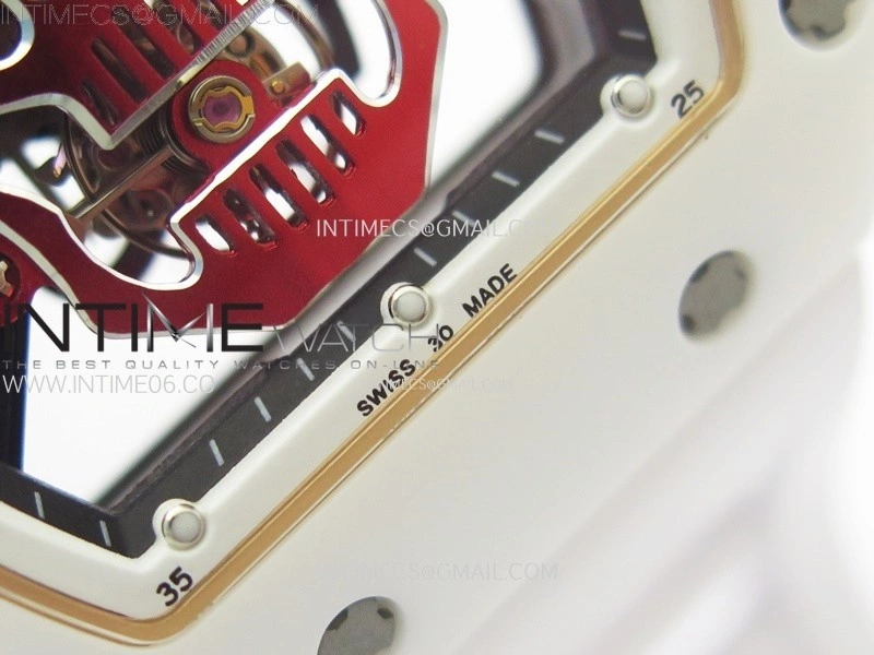RM052 Skull White Ceramic RG Real Tourbillon YSF Best Edition Red Skull Dial on White Rubber Strap