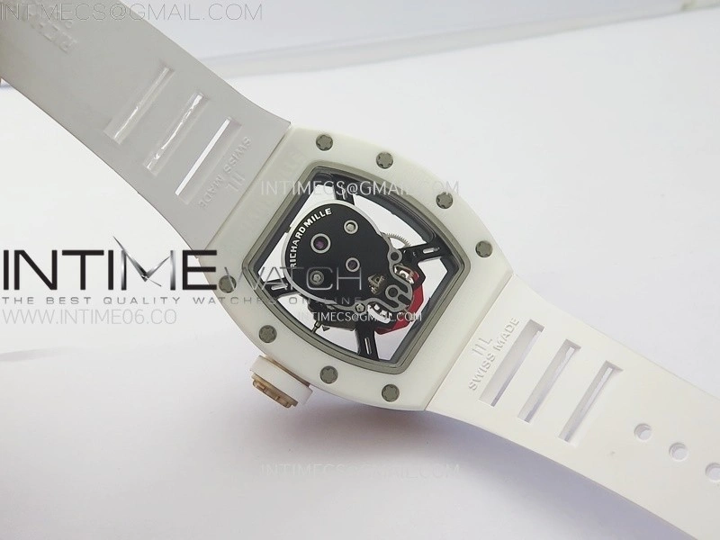 RM052 Skull White Ceramic RG Real Tourbillon YSF Best Edition Red Skull Dial on White Rubber Strap