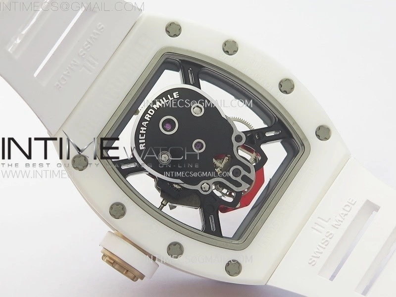 RM052 Skull White Ceramic RG Real Tourbillon YSF Best Edition Red Skull Dial on White Rubber Strap