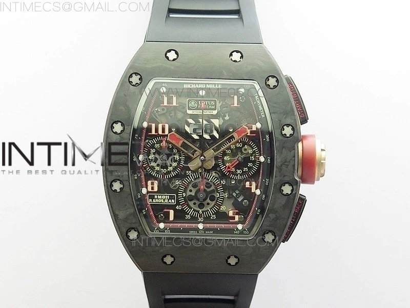 RM011 Carbon Case Carbon Bezel Chronograph KVF 1:1 Best Edition Skeleton Dial Red RG on Black Rubber Strap A7750