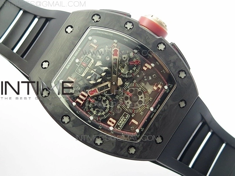 RM011 Carbon Case Carbon Bezel Chronograph KVF 1:1 Best Edition Skeleton Dial Red RG on Black Rubber Strap A7750